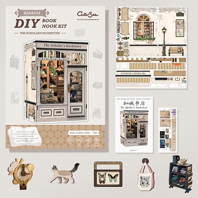 CUTEBEE DIY Book Nook Kit, Miniature House Kits for Adult and Teens, DIY Miniature Book Nook kit with Sensor Led Light, Gifts for Lovers and Family (The Scholar's Bookstore)