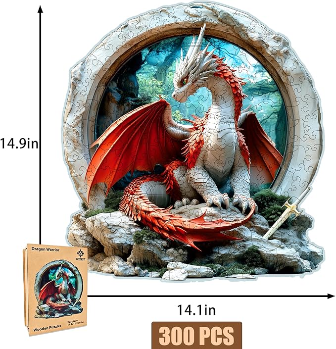 Wooden Jigsaw Puzzle, 200-500 Pieces Unique Shape Animal Puzzle, for Adults & Kids, Birthday Gift Family Game, Decorative Puzzle, Unique Gift (Dragon Warrior, 300 PCS)