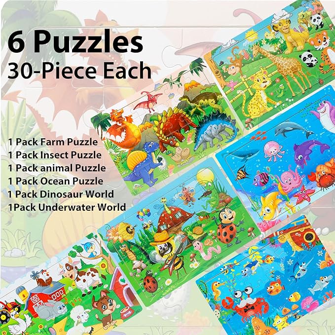 Wooden Jigsaw Puzzles for Kids Ages 3-5 Year Old, 6 Pack 30 Pieces Kids Puzzles Colorful Preschool Educational Learning Toys Present Set for Toddler Children Boys and Girls