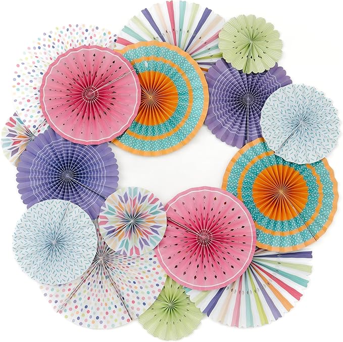 PapaKit Origami Wall Decoration Set (8 Assorted Round Paper Fans) Birthday Party Baby Shower Wedding Events Decor | Creative Art Design Pattern (Festive Colors with Mixed Patterns, 8 Piece Set)