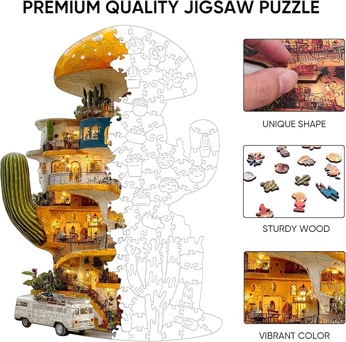 Wooden Puzzles for Adults, Cactus World Adult Puzzles 200 Pieces, Wooden Jigsaw Puzzles Unique Shape, Best Gifts for Adults Family Game, 9.1x12.8 inch