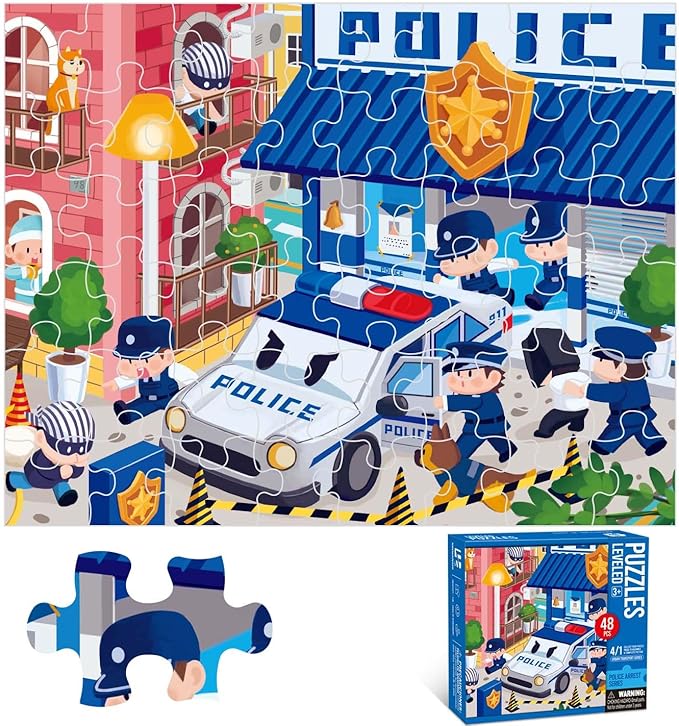 Puzzles for Kids Ages 3-8 Year Old,48pcs Jigsaw Puzzles for Toddlers & Children Ages 4-6，Educational Floor Puzzles with Storage Box for Gifts（Police car）