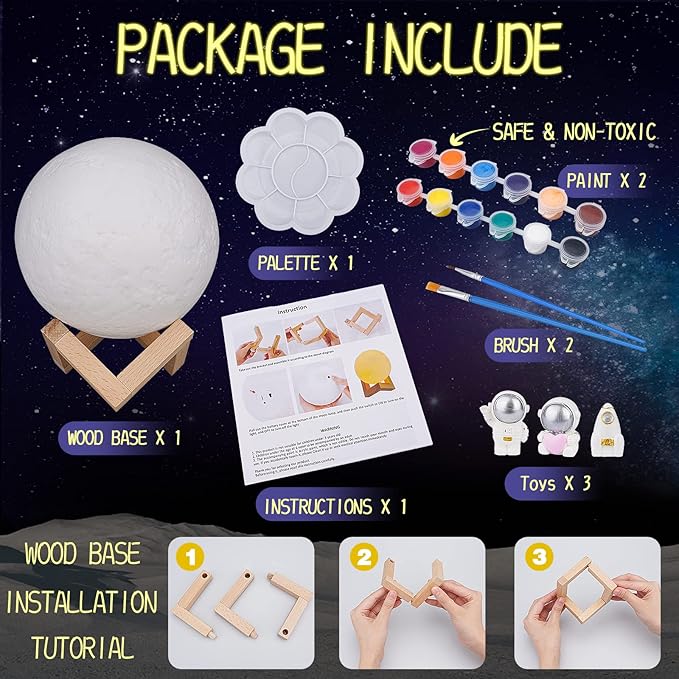[ Update 2025] Paint Your Own Moon Lamp Kit, 5.9 inches-Button Battery Type DIY Moon Night Light for Kids Art Supplies Creativity Arts & Crafts Kit for Kids, Teen Girls Boy Birthday