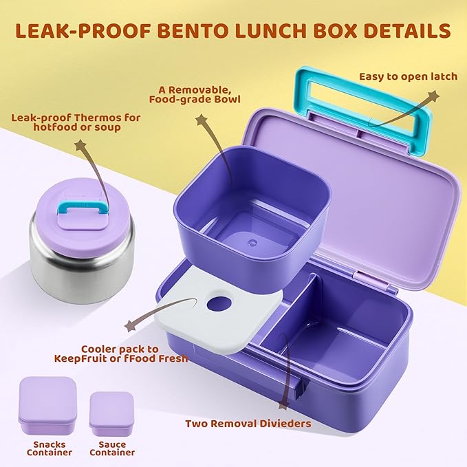 Lunch Box for Kids With 8oz Soup Thermo, Leak-proof Lunch Container with 2 Compartments, Thermo Food Jar Food Containers for Back to School Girls Boys (Purple)