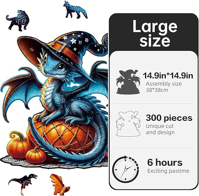 Dragon Wooden Puzzles for Adults,Pumpkin Witch Jigsaw Puzzles 300 Piece,Thanksgiving Birthday Gifts Family Game,Unique Shape Puzzle Challenge 14.9 x 14.9 Inch