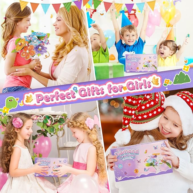 Crafts for 6-8-12-10 Year Old Girls Birthday Gifts, Arts & Crafts for Kids Ages 6-12 Diamond Art Kits for Girl Toys Age 7 8 9 11 Teen Girls DIY Gem Flower Bouquet for Home Room Decor Party Activities