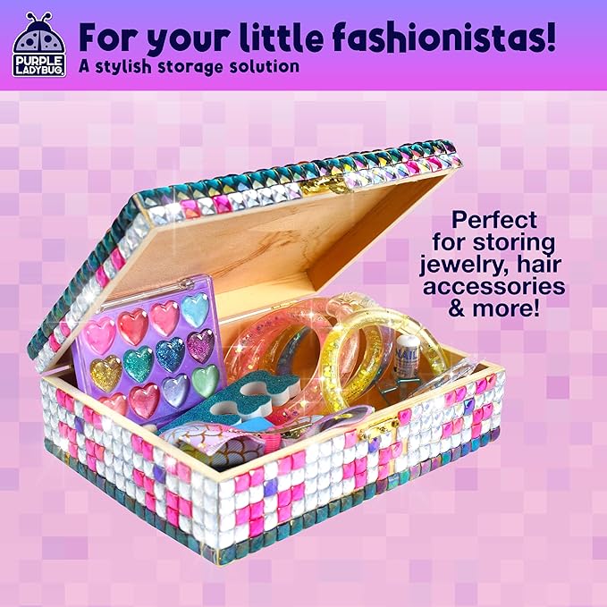 PURPLE LADYBUG DIY Jewelry Box Craft Kit for Girls Ages 4-12, Arts and Crafts for Kids, Creative Toys for Little Girls 6-8 Years Old, Birthday Gift for 5+ Year Old Girl, Mosaic Mermaid Unicorn Design