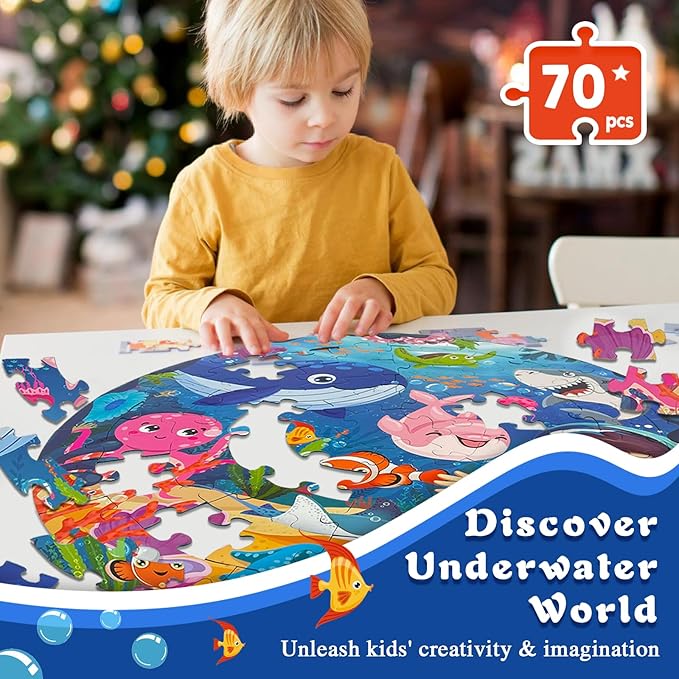 Puzzles for Kids Ages 4-6, Large 70 Piece Round Ocean Floor Puzzles, Kids Puzzles 4-6 with Colorful Underwater World, Educational Learning Toys for 3, 4, 5, 6, 7, 8