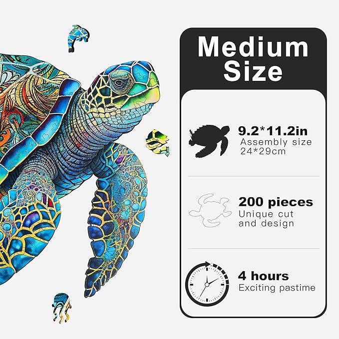 Wooden Puzzles, Sea Turtle Jigsaw Puzzles 200 Pieces, Unique Shaped Wooden Puzzle for Adults and Kids, Ghristmas Gift Family Game 9.2 x 11.2 Inch