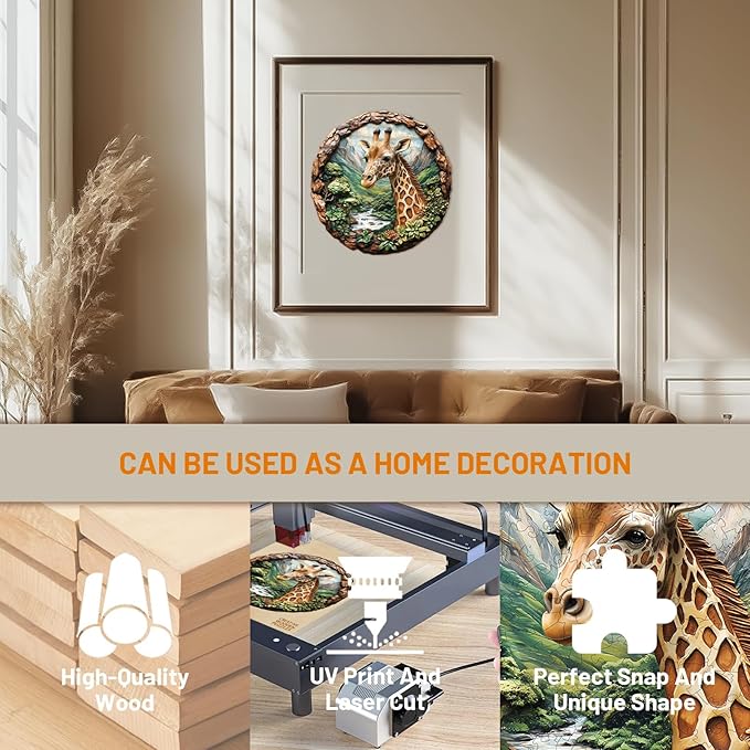 Wooden Puzzles for Adults, Giraffe Wooden Jigsaw Puzzles for Adults, Nature Landscape Flat Puzzle with 3D Visual Effect, Unique Animal Shaped Wood Puzzle, Fun Gifts & Home Decor (M-11.4*11.1in-195Pcs)