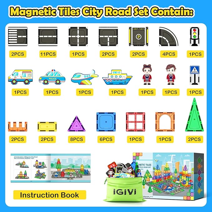 Magnetic Tiles City Road Set with Magnet Car, Magnetic Blocks Building Toys for Kids, STEM Construction Toys for Toddlers, Gifts for 3+ Year Old Boys & Girls