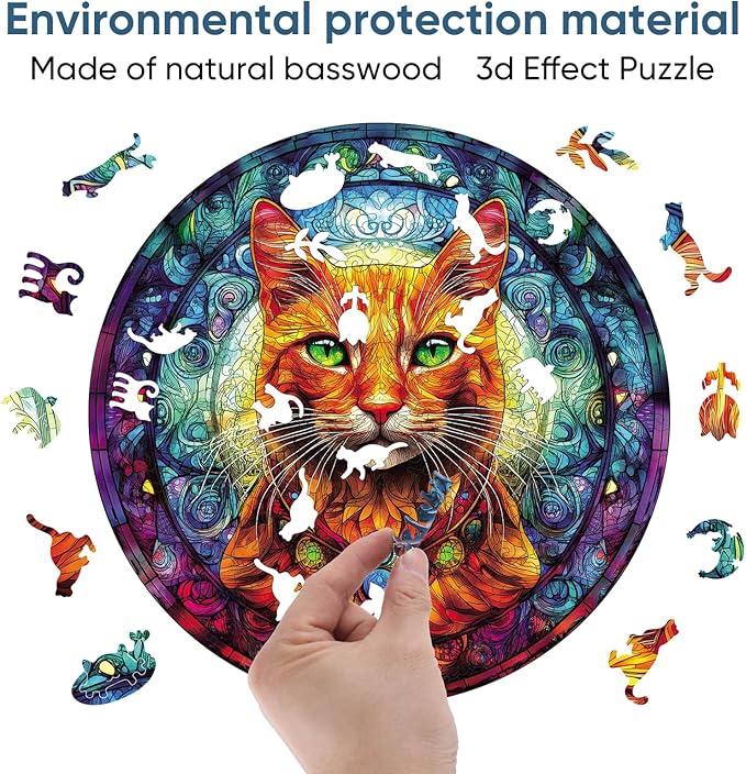 Wooden Puzzles for Adults, Yellow Cat Jigsaw Puzzles 200 Pieces, Unique Shaped Animal Wood Adult Puzzle, Best Gifts for Adults Family Games (11.2 * 11.2 inches)