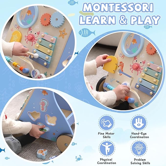 Wooden Baby Walker with Activity Center, Montessori Push Walker Toy for Babies 18 Months+, Sit to Stand Walker with Wheels for Boys & Girls, Infants to Toddler