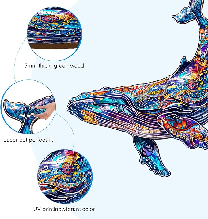 Wooden Puzzle for Adults - Blue Whale Wood Puzzles Adult - Unique Animal Shape Wooden Jigsaw Puzzles for Adults - Birthday Gifts for Puzzle Lovers, Family (12.2 * 9.7in)