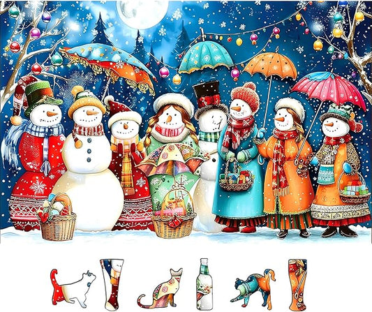Christmas Snowman Jigsaw Puzzles for Adults 500 Pieces Winter Wonderland Night Holiday Scene with Glowing Lights Fun Family Puzzles Gift for Adults Seniors