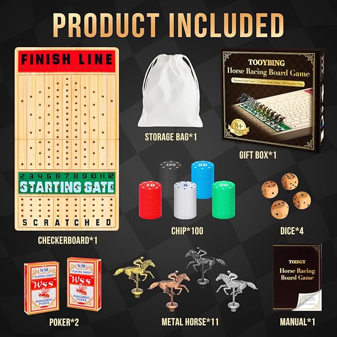 Large 21 Inches Horse Race Board Game, Horse Racing Games with Cards and Dice & 11 Luxury Metal Horses, Thickened Wood Chessboard, Classic Wooden Table Top Board Games for Adults and Family