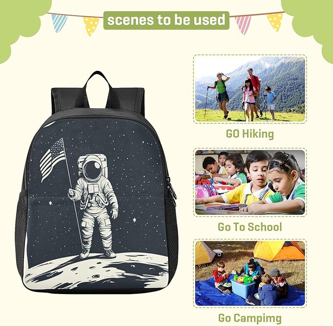 Astronaut Moon Flag Toddler Backpack for Boys Girls 3-6 Small Travel Backpacks for Kids Preschool Bookbag for Elementary Kindergarten for Travel School