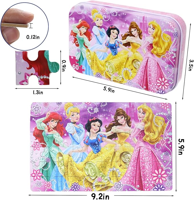 Princess Puzzles for Kids Ages 4-8 60 Pieces Jigsaw Puzzle for Girls and Boys Toys in Metal Box Educational Puzzle (Princess 0685)