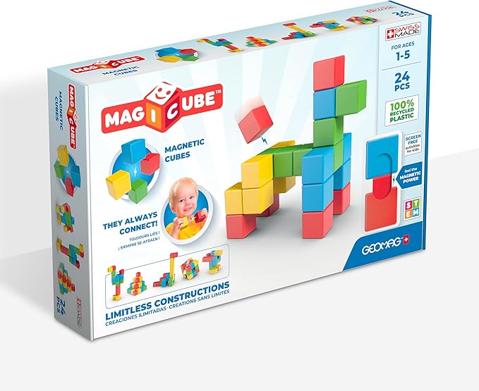 Geomag Magicube 24pcs Magnetic Blocks - Magnetic Building Blocks for Toddlers 1-3, Montessori Toys for 1+ Year Old, Autism Sensory Product, Magnets for Kids
