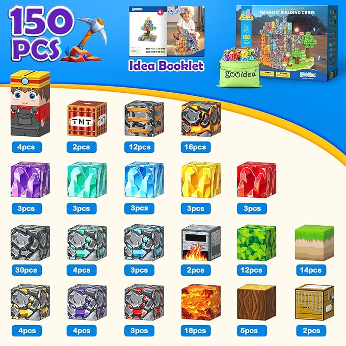 Magnetic Blocks -150 Magnetic Building Blocks STEM Toy, Stacking Mine Magnet World Craft Cubes for Kids, Game Gift for Boys Girls Age 3-5 5-7 4-8 8-12