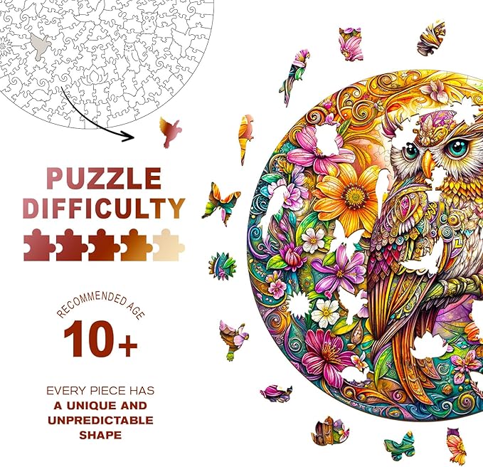 Wooden Puzzles for Adults - Challenging Colorful Owl Adult Puzzle, Unique Animal Shaped Wooden Jigsaw Puzzles for Adults, Creative Gifts Family Games 13.4 * 13.4in 290pcs