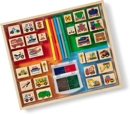 Melissa & Doug Deluxe Wooden Stamp and Coloring Set – Vehicles (30 Stamps, 6 Markers, 2 Durable 2-Color Stamp Pads)