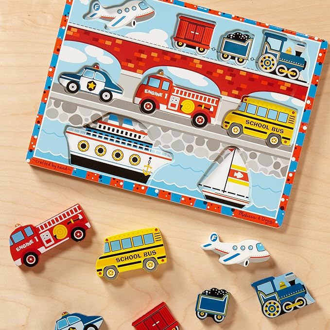 Melissa & Doug Vehicles Wooden Chunky Puzzle - Plane, Train, Cars, and Boats (9 pcs) - FSC Certified