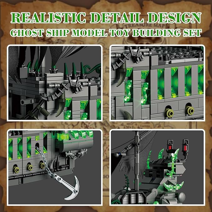 1573 Pcs Pirate Ship Building Set with LED Light,STEM Ghost Ship Flying Dutchman Building Toy,Model Boat Mini Brick Kit Home Office Decor,Halloween Easter Gift for Adults Boys Kids Ages 14+