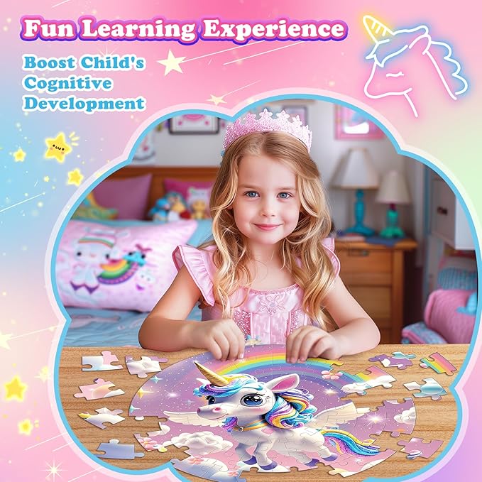 72 Pieces Shimmery Jumbo Unicorn Floor Puzzle for Girls 3-5 4-6 Age Floor Puzzles for Boys and Girls Large Round Floor Jigsaw Puzzles (Unicorn)