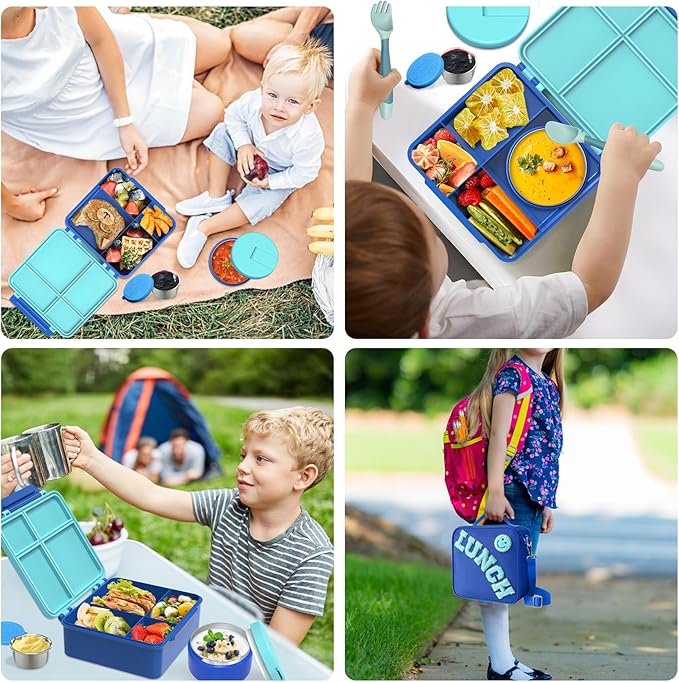 Kids Bento Lunch Box with 8oz Soup Thermo, Kids Leakproof Lunch Food Containers with 4 Compartment,Insulated Hot Food Jar with Lunch Bag for School, Travel (Blue)