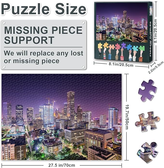 Houston Skyline 1000 Piece Puzzle for Adults, Jigsaw Puzzles 1000 Pieces Difficult and Challenge Texas Cityscape, 27.5x19.7 Inch Family Puzzle Game Night Gift & Home Decor