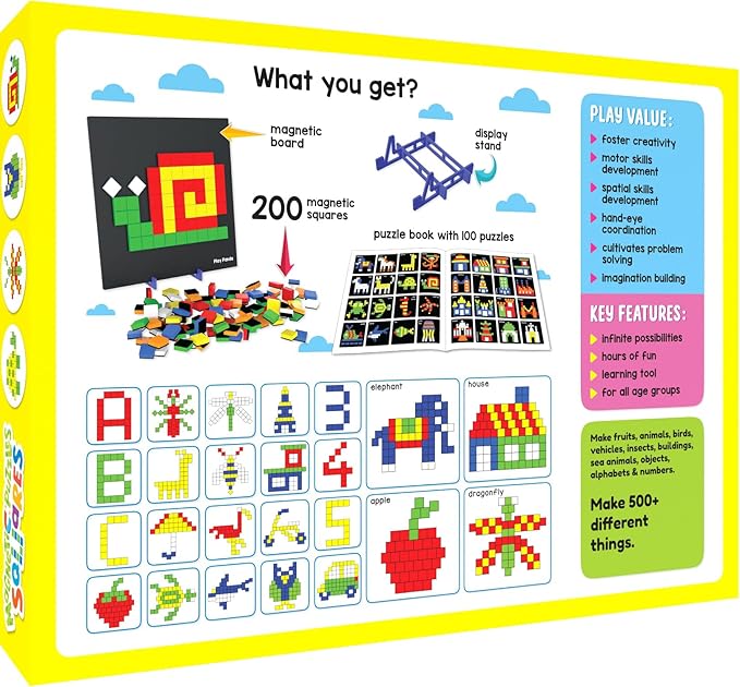 New Magnetic Puzzles : Squares - Includes 250 Colorful Magnets Pieces 100 Puzzle Book Magnetic Board and Display Stand