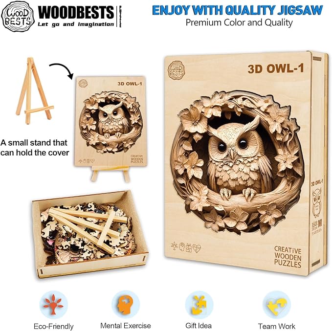 WOODBESTS Wooden Puzzles for Adults, 3D Owl Wood Puzzles Adult(100 Pieces, S, 8.5 * 8.5in), Unique Shape Wooden Animal Jigsaw Puzzles, Birthday Gifts for Adults Family Game