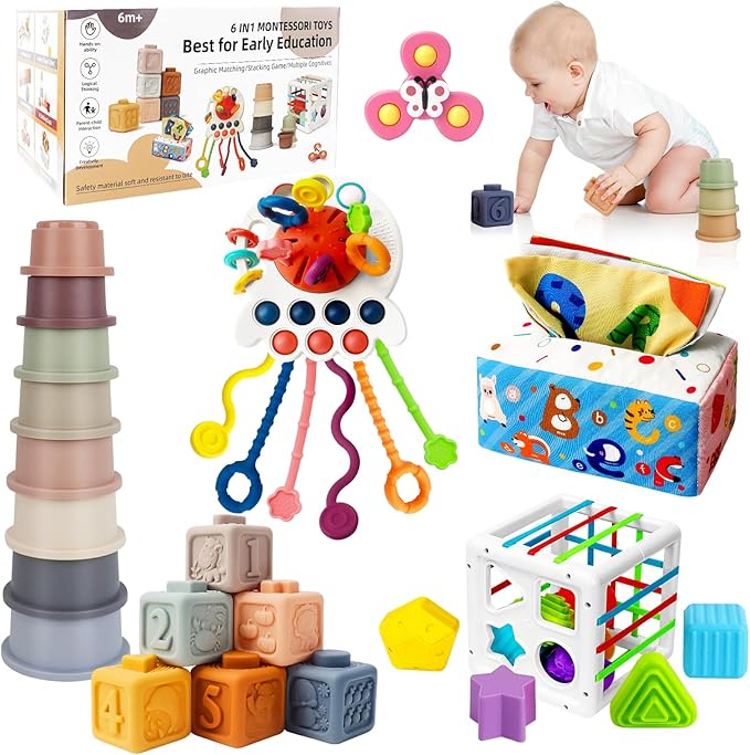 6 in 1 Montessori Toys for Babies 6-12 Months Up - Incl Pull String Toy, Stacking Cups, Tissue Box, Suction Cup Spinner, Stacking Blocks,Activity Cube, Baby Toys for 1 2 3 Year Old