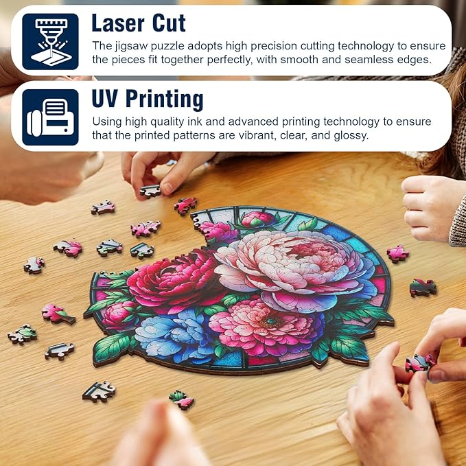 Wooden Jigsaw Puzzles for Adult, Glass Peony Flowers Wooden Puzzle, 200 Piece, Medium Size 11.23" x 10.95", Unique Challenge Puzzle for Puzzle Lover, Premium 5mm Wood, Vibrant Colors