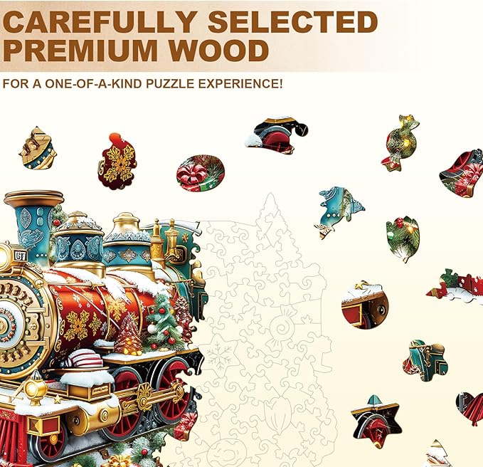 Jigfoxy Wooden Puzzles for Adults, Christmas Train Wood Puzzles Adult, Unique Animal Shape Wooden Jigsaw Puzzles for Adults, Birthday Gifts for Puzzle Lovers, Family, Friend (M-11.4 * 9.3in-175pcs)