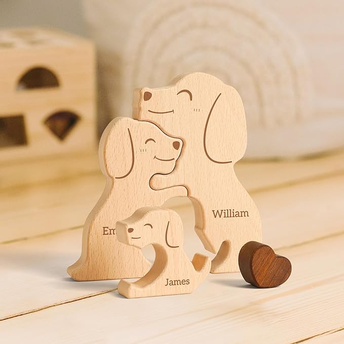 Wooden Dogs Family Puzzle, Personalized Puzzles with 2–5 Names, Father's Day Personalized Gifts for Mom Dad Kids Teen Boys Girls Grandma, Toddler Men Mother's Day Birthday