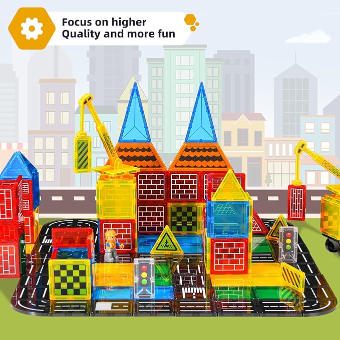 Magnetic Tiles Road Set - City Construction Building Toys, Magnetic Blocks with Extendable Crane and Car,Kids Toys for Boys & Girls Ages 3+, Creative Kids Games Gifts