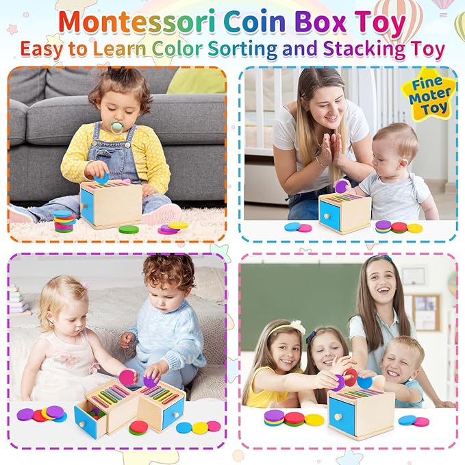 FCSONU Toddlers Montessori Coin Box Toys for 1 2 3 Year Old Boys Girls, Drawer Box Toy for Ages 2-4 Kids, Learning Color Sorting Sensory Toys, New Year Birthday for Baby 12-18 Months
