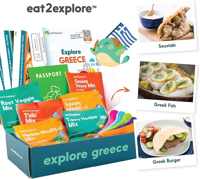 eat2explore Cooking Kits for Kids - Interactive & Educational Set with 3 Recipe Cards, Key Ingredients & Cooking Tools - Ideal Idea for Kids who Love to Create Meals (Greece Edition)