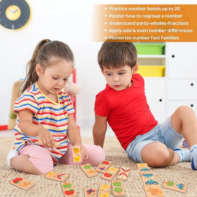 28 Pcs Wooden Domino Puzzle Game - Multicolor Fruit & Animal Design, Educational Family Logic and Thinking Skill Development Toy, Montessori Toys, Matching & Learning Board Game, Gift for Age 3+