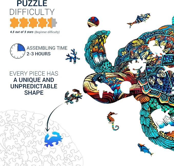 Jigfoxy Wooden Puzzles for Adults, Sea Turtle Wooden Jigsaw Puzzles for Adults Kids, Unique Animal Shape Wood Cut Puzzles, Christmas Thanksgiving Gifts for Family Turtle Lover (S-9.1 * 7.7in-100pcs)