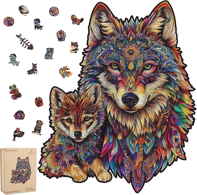 Ruikiyart Wooden Puzzles for Adults, 5MM 200 Pieces Wolf Family Wooden Jigsaw Puzzles, Animal Unique Shaped Puzzle Gifts for Adults and Kids on Thanksgiving, Family Puzzle Games (9.8"*12")