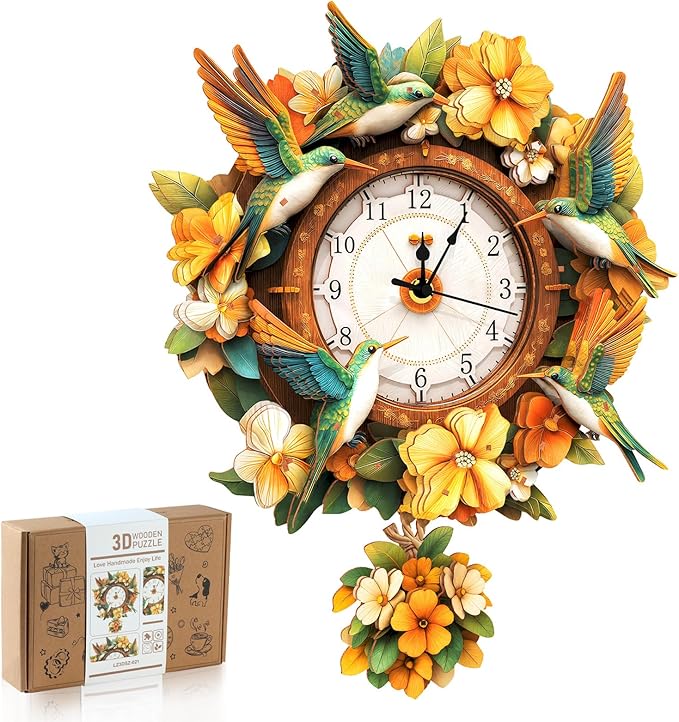 3D Wooden Puzzles for Adults, Hummingbird Clock with Pendulum Model Kit, 3D Puzzles for Adults Room Home Decor DIY Wall Clock Kit, Holiday Birthday for Men Women Teens