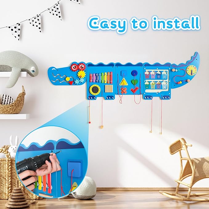 Crocodile Sensory Toys Activity Wall Panels - Montessori Busy Board, Toddler Learning Panel, Wall-Mounted Playroom/Daycare Educational Toys, Interactive Wooden Gift for Kids 3-6, Blue