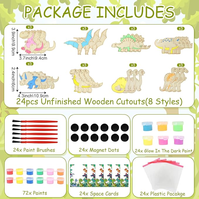 LARDUX Dinosaur Party Favors, 24PCS DIY Wooden Arts & Crafts Painting Kit for Kids, Glow in The Dark Party Favors Family Crafts Birthday Party Christmas Gifts Toys for Boys Girls