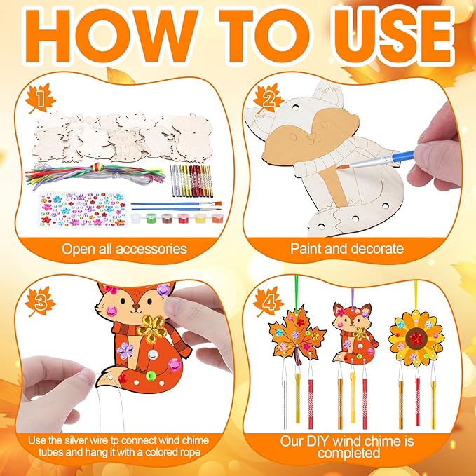 JellyArch 30 Pack Fall Wind Chime Making Kit for Kids Adult DIY Wooden Pumpkin Leaf Animal Crafts for Thanksgiving Halloween Classroom Activity Birthday Party Decoration Gift