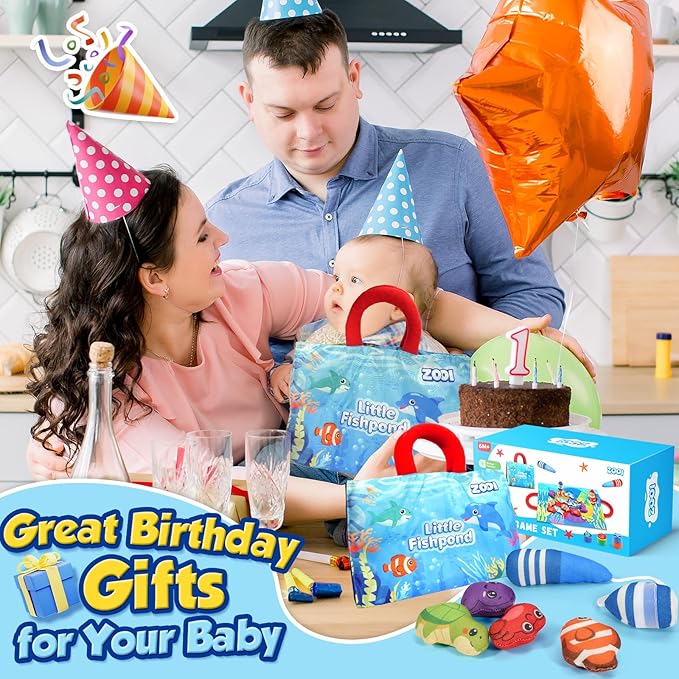 ZOOI Toddler Montessori Toys for 1-3 Year Old, 24PCS Cloth Fishing Game with Stacking Cups for Hand-Brain Coordination, Sensory Baby Toys 6-12 Months, 1-3 Year Old Girl Boy Birthday Gifts