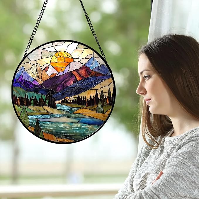 Stained Glass Window Hanging, Blue Lake Golden Sun Abstract Mountains Landscape Suncatcher for Doors Window Home Sun Catchers Decor Mother's Day Birthday Gifts for Women Men Mom 9.8 in