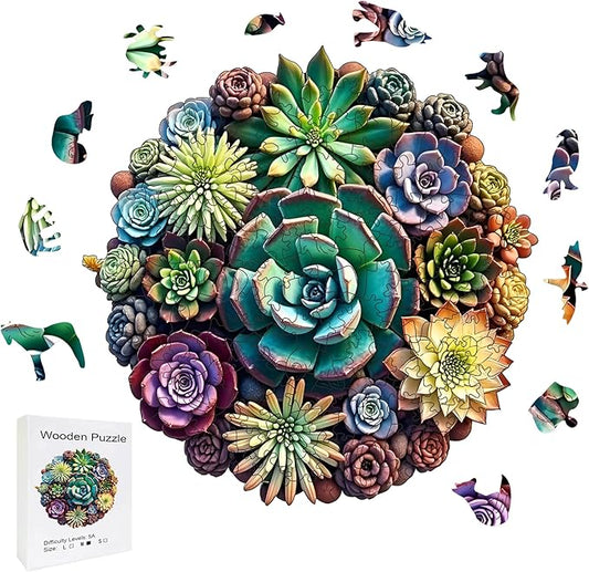Wooden Puzzles, 150 Pieces Succulent Plants Jigsaw Puzzles, Unique Shaped Wooden Puzzle for Adults and Kids, Family Game(Succulent Plants, Medium)